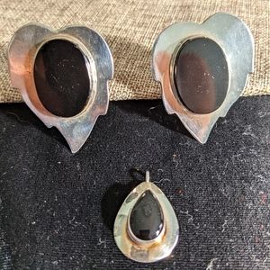 Vintage Taxco Mexico Leaf Shape 1.5" Sterling + Onyx Clip on Earrings + Pendant